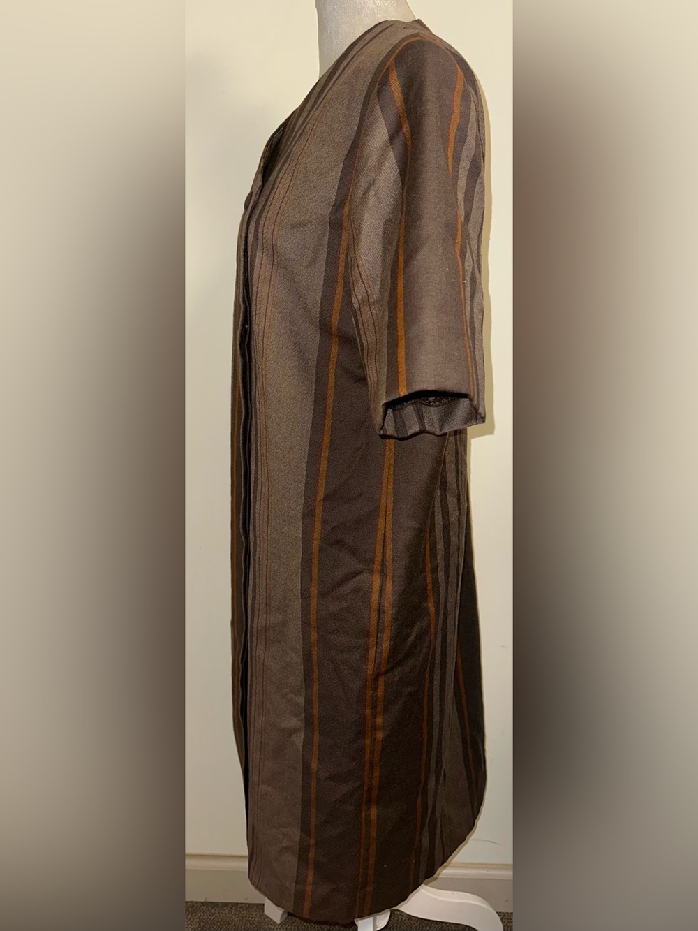 Vtg 70s Brown & Orange Vertical Striped Dress - Picture 4 of 8